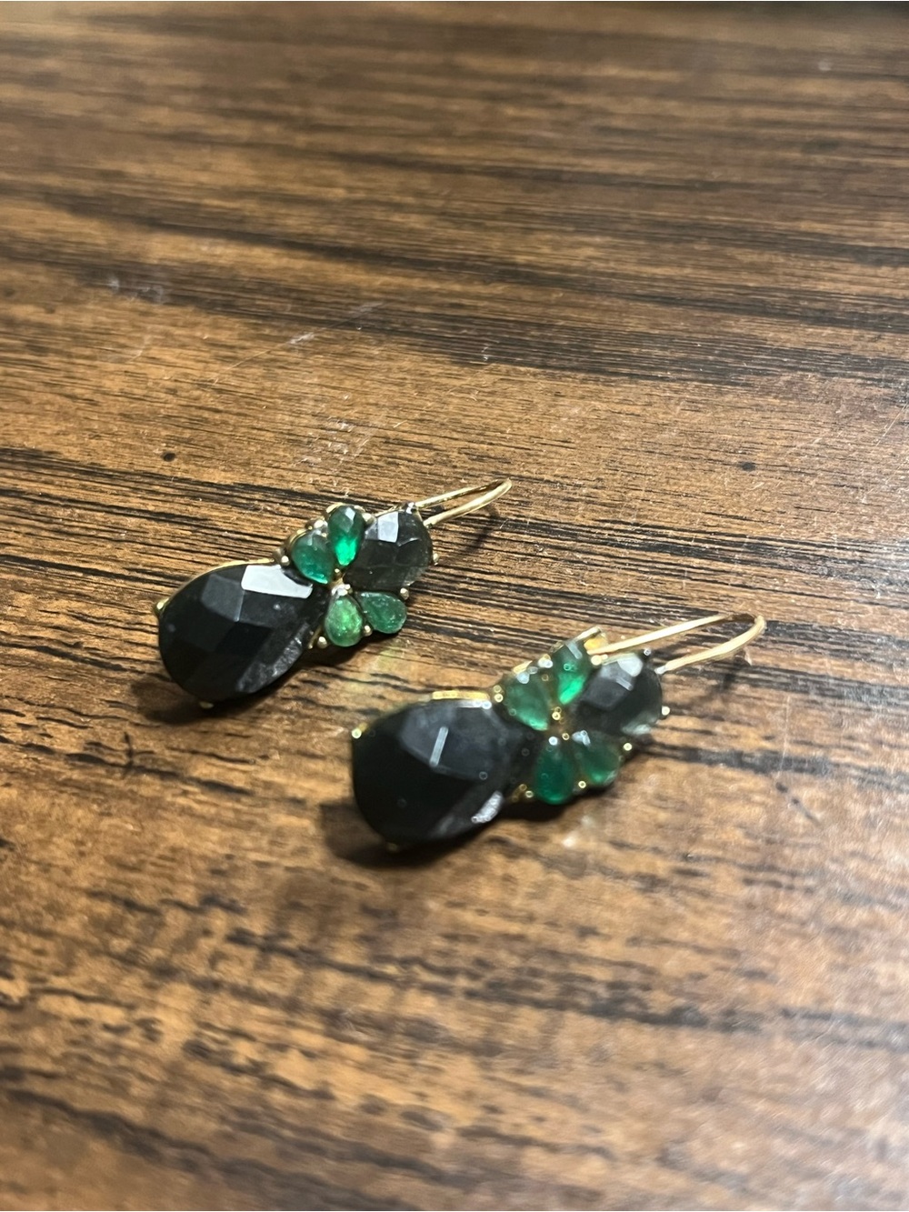 Gold Drop Earrings with Black Teardrop and Emerald Accents